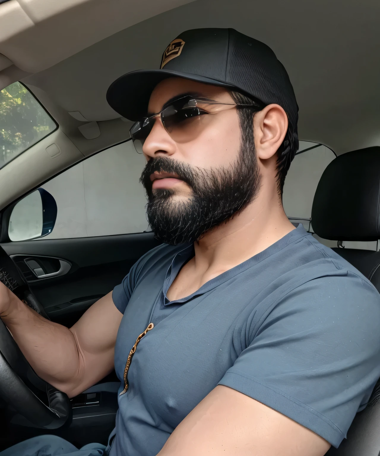 Masterpiece, Parte superior del cuerpo, 38 year old man with beard and sunglasses. Hombre vistiendo playera negra y gorra, en un auto , muy hermoso. Super polished and cool, plano medio de un guapo.