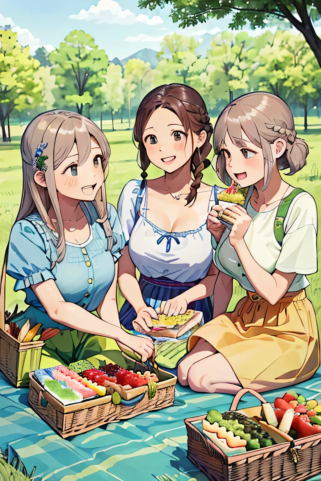 (highest quality:1.4)、High resolution、detailed background)、(detailed beautiful face:1.4)、detailed facial expressions、Anatomically correct、beautiful and smooth skin、Beautiful woman in her 30s、three beautiful girls、(huge breasts:1.3)、cute hair color、brown hair、braided bob、braided ponytail、realistic、perfect body line、cute、under the blue sky、Picnic on a green meadow、cowboy shot、
(Three women chatting and eating while sitting on a colorful picnic blanket:1.5)、
Floral sundresses and flared skirts、
Bringing a handmade lunch box or fruit will make it even cuter.、cute
