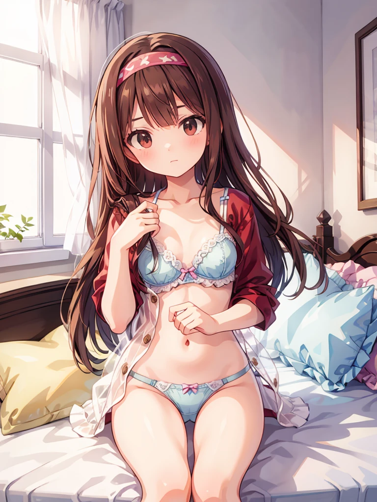 masterpiece, beautiful illustrations, highest quality, pretty girl, 1girl, Bedroom, pastel colour, (two-separated lingerie), cute lingerie, reddish brown long hair, headband, bright lighting, presenting, looking at viewer, on bed