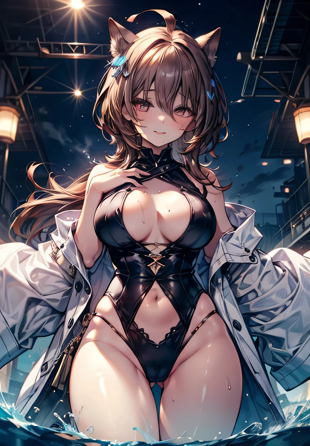 Erotic Anime Illustration、Highest image quality、A voluptuous bitch idol shows off her vagina on an underwater stage、Aircraft Carrier Wo-class、perfect proportions、Overwhelmingly big breasts beyond the norm、thick legs with fat、big areola、Beautiful shining eyes、cowboy shot、smile、get into heat、shaved pussy、exposing nipples、spread legs、Detailed depiction of the vagina、sweating
