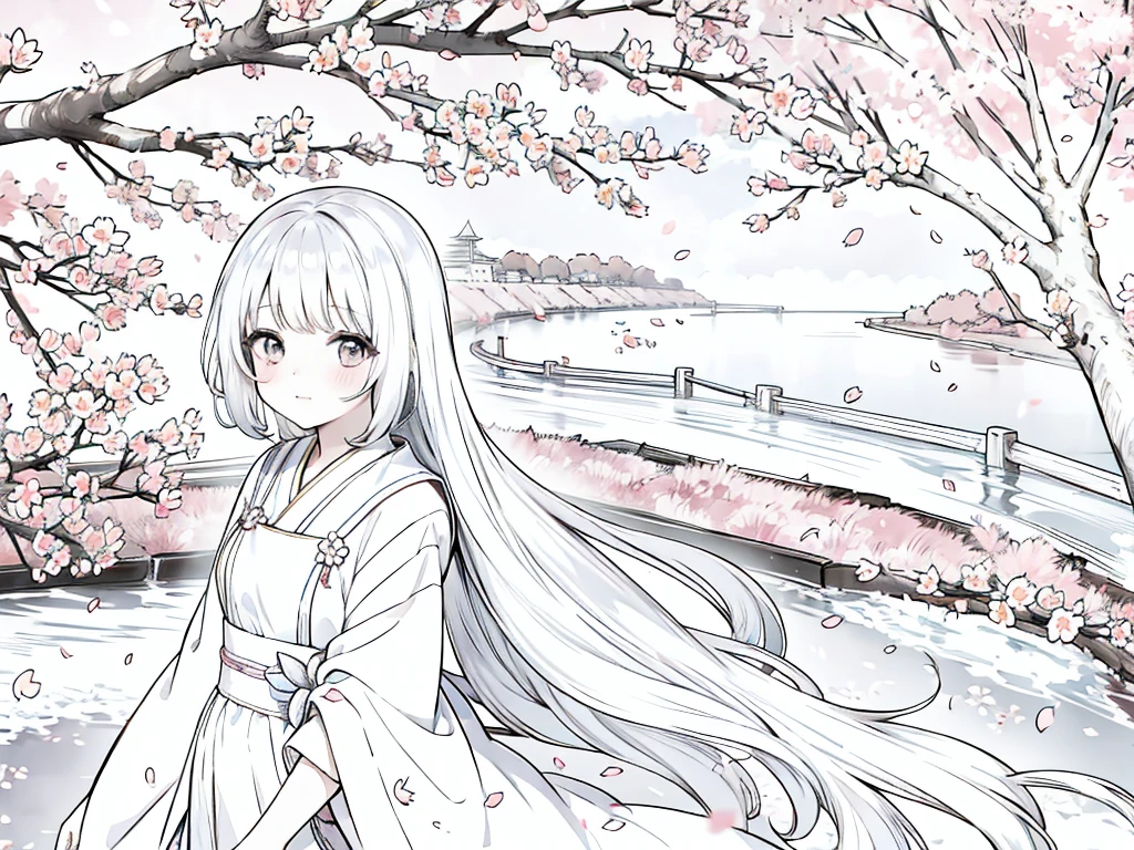 Anime Line Art、cherry blossoms fall、River side、A girl walking under the cherry blossom trees