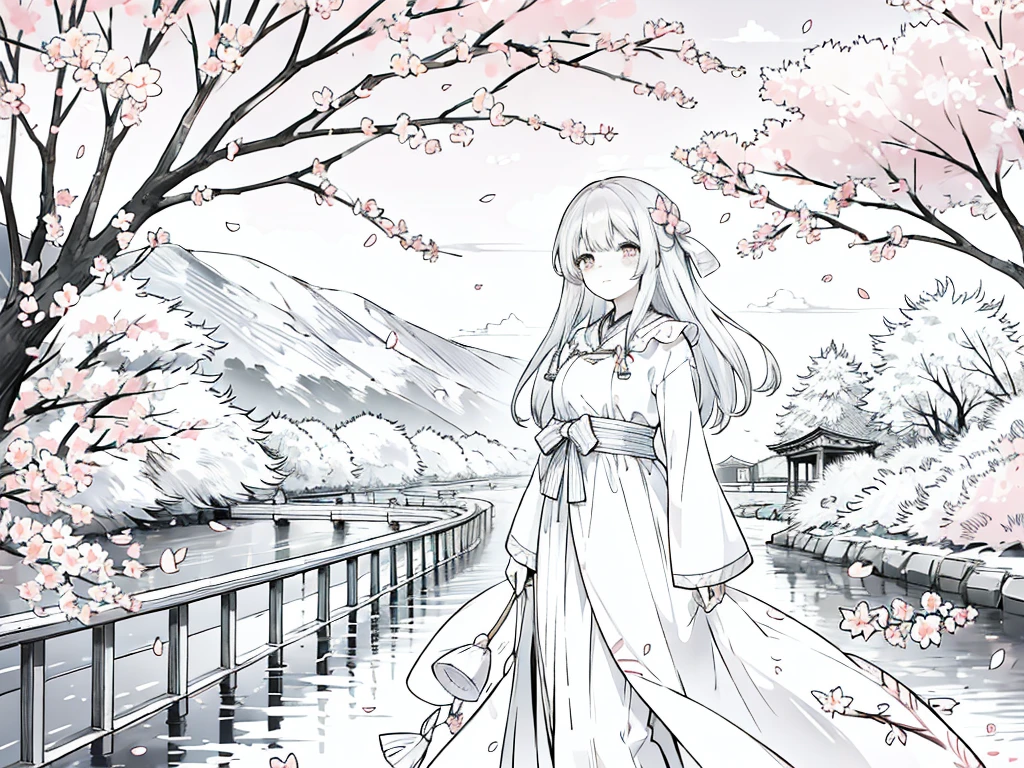 Anime Line Art、cherry blossoms fall、River side、A girl walking under the cherry blossom trees