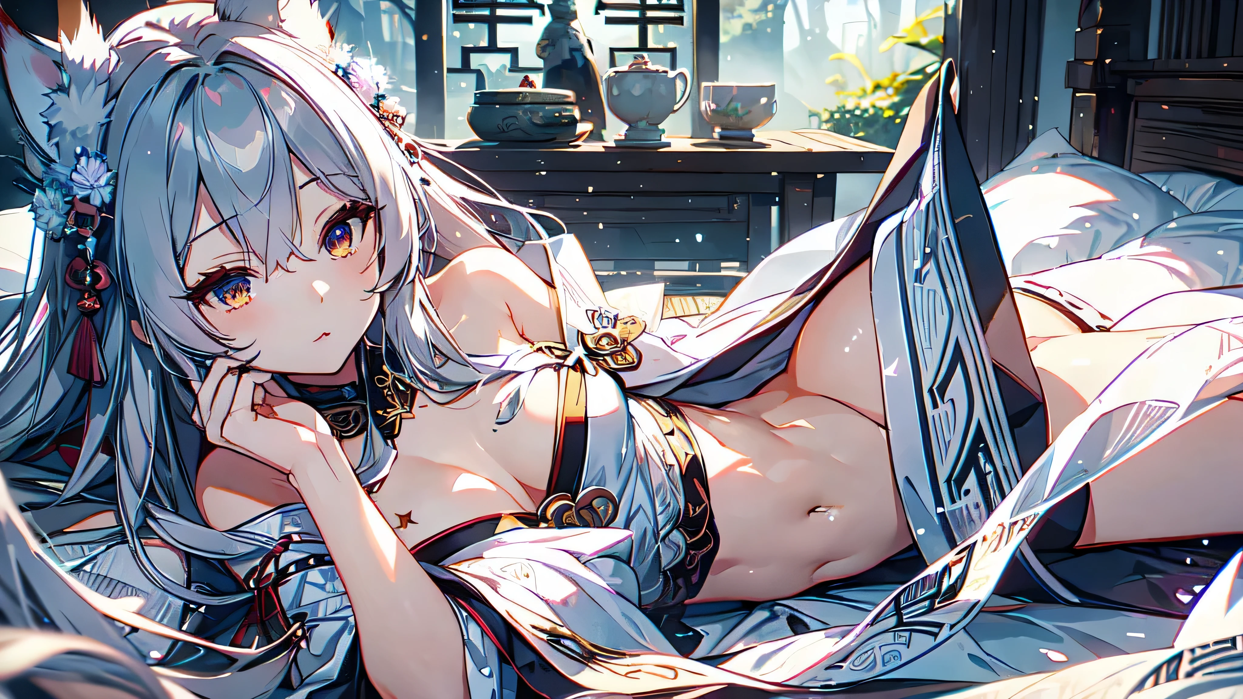 lily、gray hair、Fox、warrior、shrine、long hair、small breasts、highest quality,woman、Completely naked、Miko costume