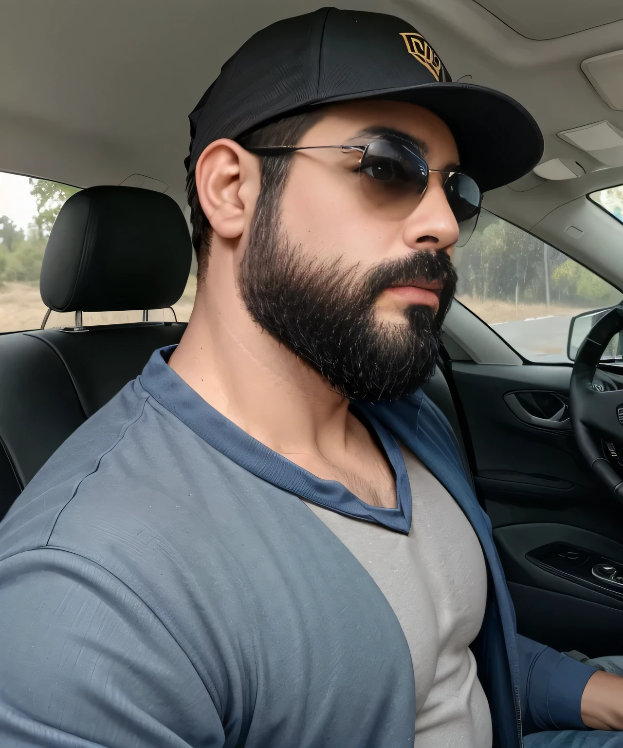 Masterpiece, Parte superior del cuerpo, 38 year old man with beard and sunglasses. Hombre vistiendo playera negra y gorra, en un auto , muy hermoso. Super polished and cool, plano medio de un guapo.