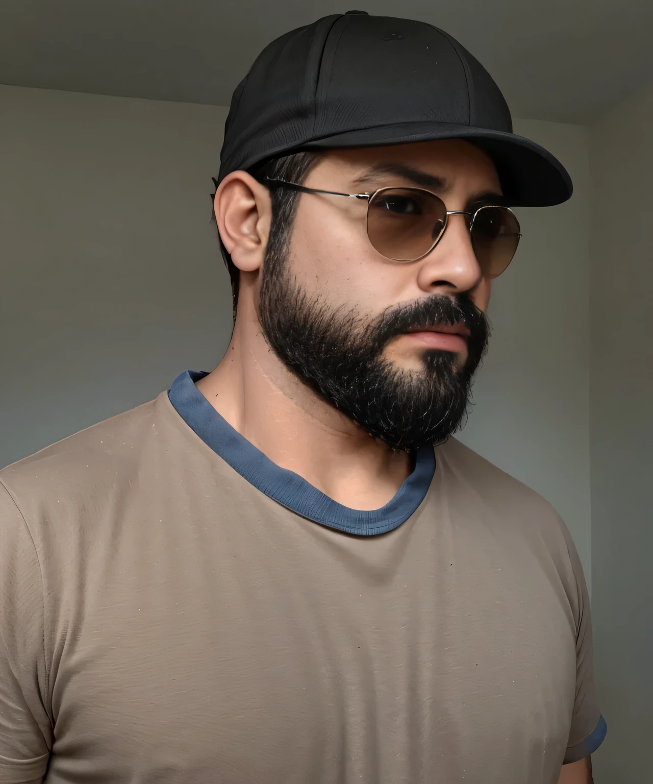 Masterpiece, Parte superior del cuerpo, 38 year old man with beard and sunglasses. Hombre vistiendo playera negra y gorra, en el cine , muy hermoso. Super polished and cool, plano medio de un guapo.