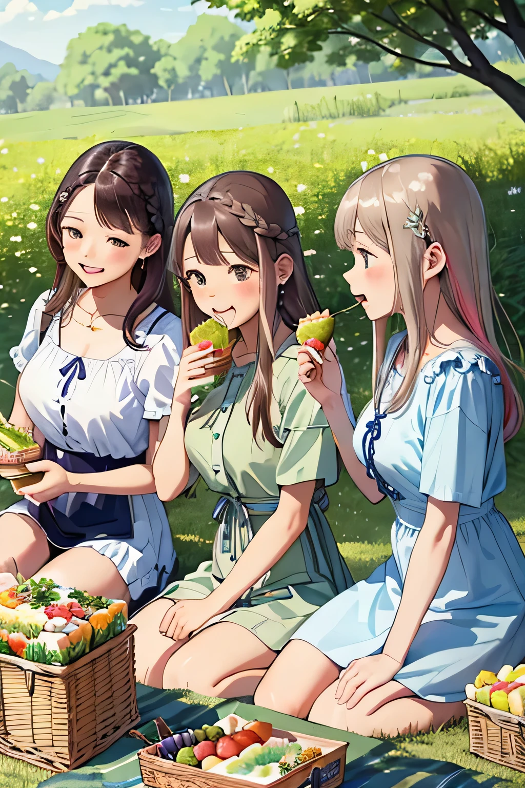 (highest quality:1.4)、High resolution、detailed background)、(detailed beautiful face:1.4)、detailed facial expressions、Anatomically correct、beautiful and smooth skin、Beautiful woman in her 30s、three beautiful girls、(huge breasts:1.3)、cute hair color、brown hair、braided bob、braided ponytail、realistic、perfect body line、cute、under the blue sky、Picnic on a green meadow、cowboy shot、
(Three women chatting and eating while sitting on a colorful picnic blanket:1.5)、
Floral sundresses and flared skirts、
Bringing a handmade lunch box or fruit will make it even cuter.、cute