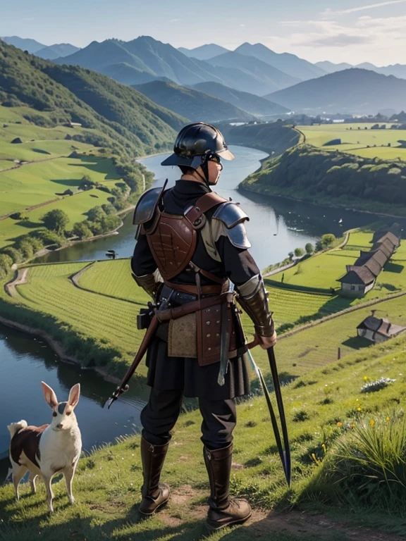 Cartoon style pictures ,(Europe),(Shooting from above),(three men:1.5),midnight,整体black调,( Europe中世纪传统full body armor,old,old,black,full body armor,Wooden shield,bow,quiver,ax), Medieval countryside village,old房屋,farmland,forest,river,farm cattle,dog,chicken,duck,rabbit,torch,horse,farmer,partner,companion,Soldier,laboeld,farming,(Full headband,Visor Helmet,In the shadows,Faceless,Strong man, strong, old的),dynamic poses, ((Turn your back to the camera,look into the distance,not looking at camera)),