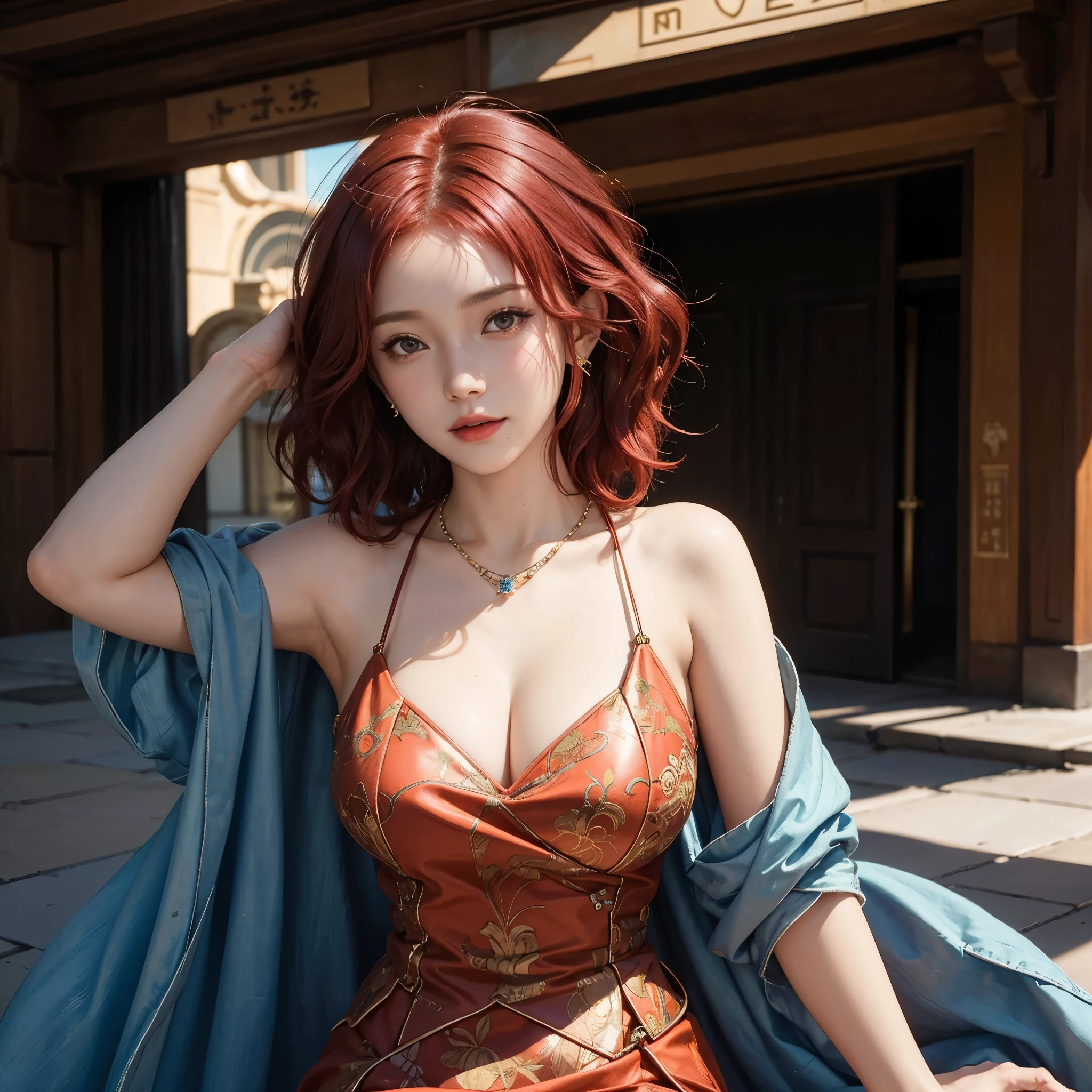 (Red hair, Short Hair, Wavy Hair:1.4), UHD, masterpiece, anatomically correct, textured skin, super detail, high details, high quality, 16k, 8k, ((1 Woman, Solo Shot:1.3)), Sexy, medium hair, shiny hair, shy-smile, Arms Up, (earrings, necklace, large breasts:1.3), Cowboy Shot, Standing, Street, City, (Cinematic light, Sun Light), Close upno futuro telhado de luz neon, SSCI - FI e Fantasia, intrincado e muito bonito e elegante, altamente detalhado, pintura digital, art-station, arte conceitual, smooth and sharp focus, illustration, Arte de Tan Zi e Ayanamikodon e Alphonse Mucha e Wlop
