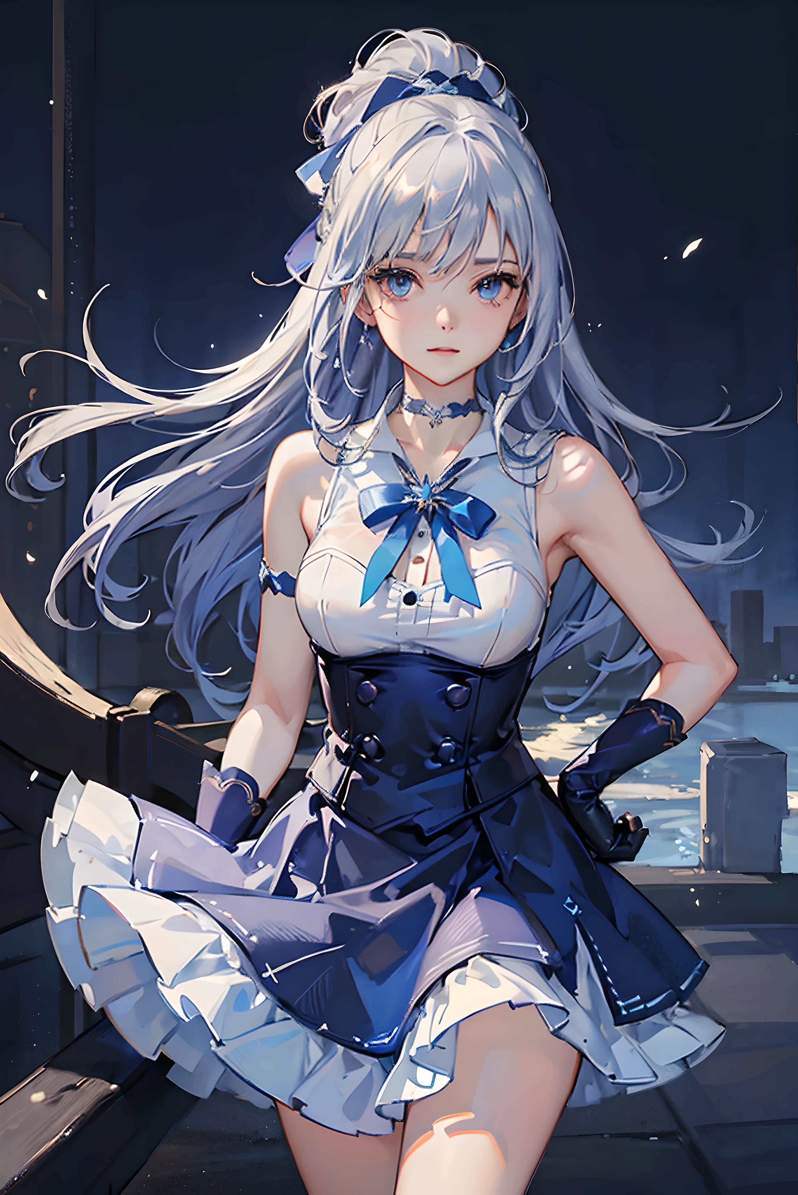 Girl with blue and white hair,Black one-piece gel coat,Shiny,Wearing a thick white coat,Large lapels,Purple eyes,Skill style clothing,From the maiden front,From the Ark of Tomorrow,Blue strap decoration,Bust,Half-buttoned coat,Tung with high ponytail hair,Small,solo person