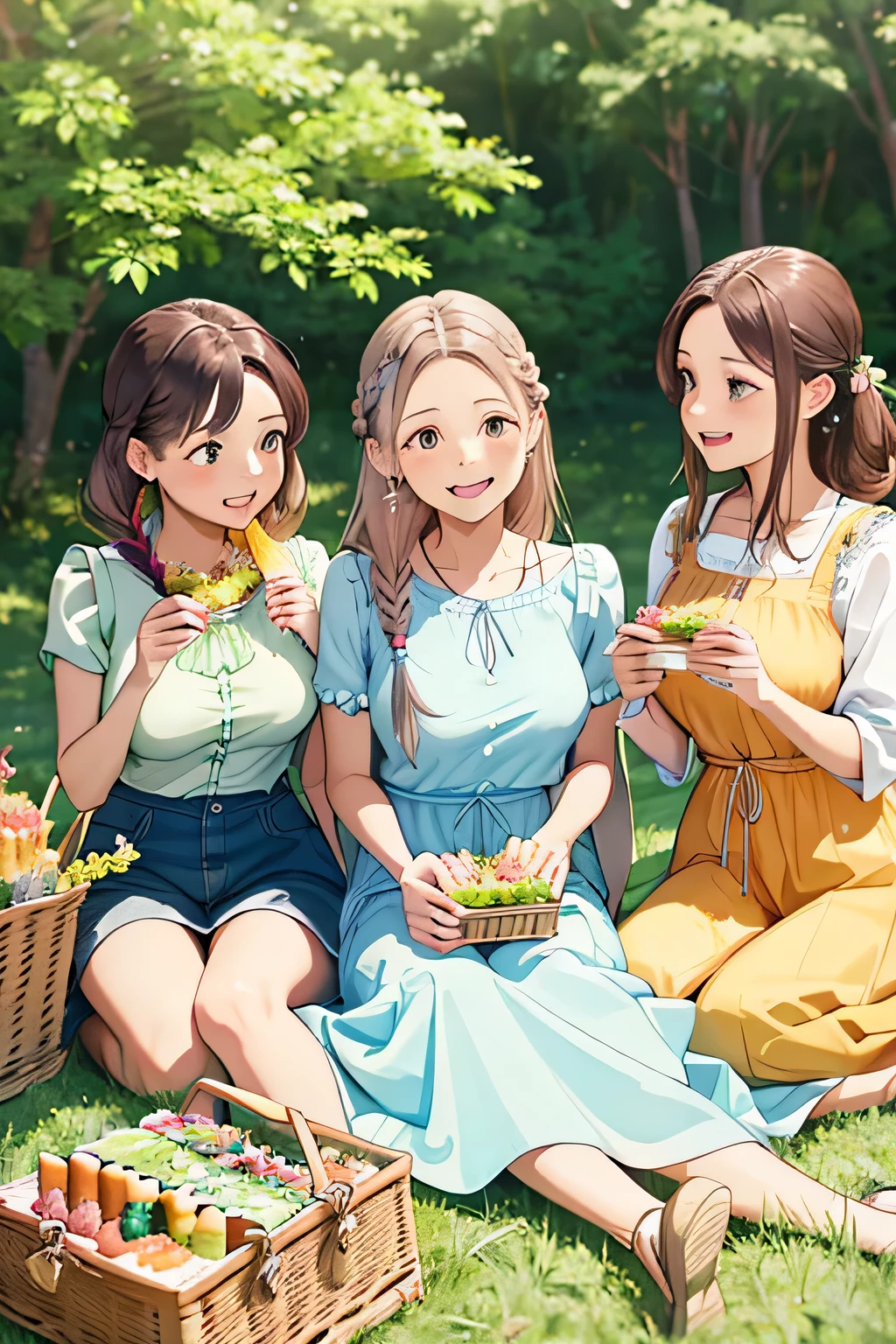 (highest quality:1.4)、High resolution、detailed background)、(detailed beautiful face:1.4)、detailed facial expressions、Anatomically correct、beautiful and smooth skin、Beautiful woman in her 30s、three beautiful girls、(huge breasts:1.3)、cute hair color、brown hair、braided bob、braided ponytail、realistic、perfect body line、cute、under the blue sky、Picnic on a green meadow、cowboy shot、
(Three women chatting and eating while sitting on a colorful picnic blanket:1.5)、
Floral sundresses and flared skirts、
Bringing a handmade lunch box or fruit will make it even cuter.、cute
