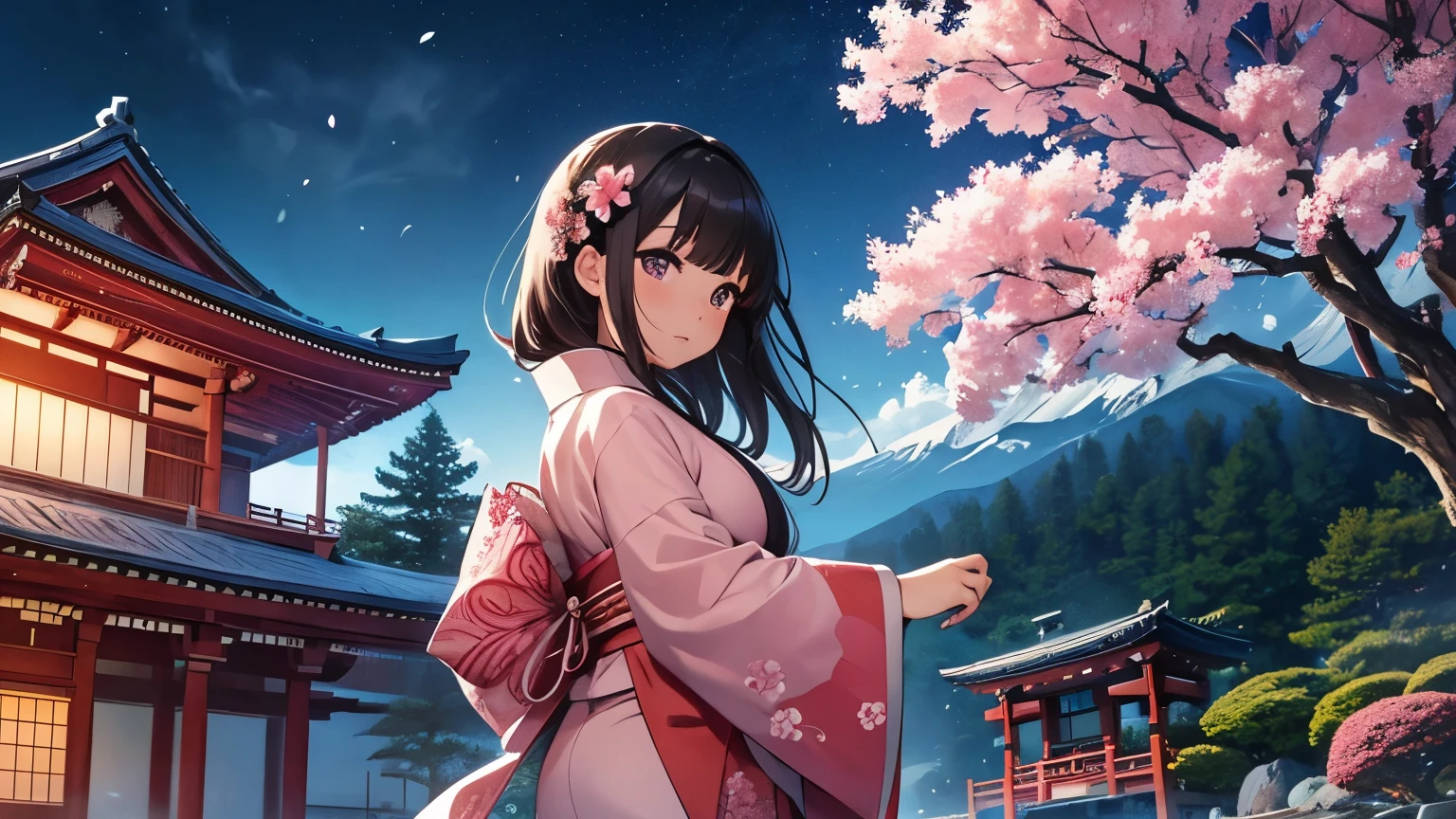  whole body, Vision, panorama, wide angle lens, Depth of the bounds written, perspective, movie angle, turn your arms behind your back, masterpiece, highest quality, Super detailed, cg, 8k wallpaper, cute face, delicate eyes, girl, alone, black hair, black eye, Looking ahead, kimono, coat, night空, huge old tree in the background, pink petals falling behind, Behind the shrine, Mountain, Wind, meteor cloud、Japan、falling petals、night、temple