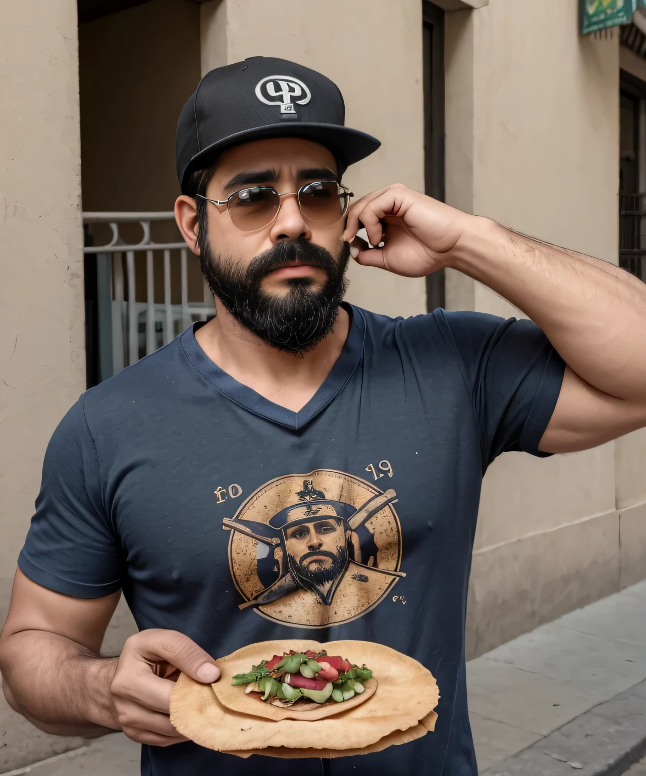 Masterpiece, Parte superior del cuerpo, 38 year old man with beard and sunglasses. Hombre vistiendo playera negra y gorra, Comiendo una tostada en la calle , muy hermoso. Super polished and cool, plano medio de un guapo.