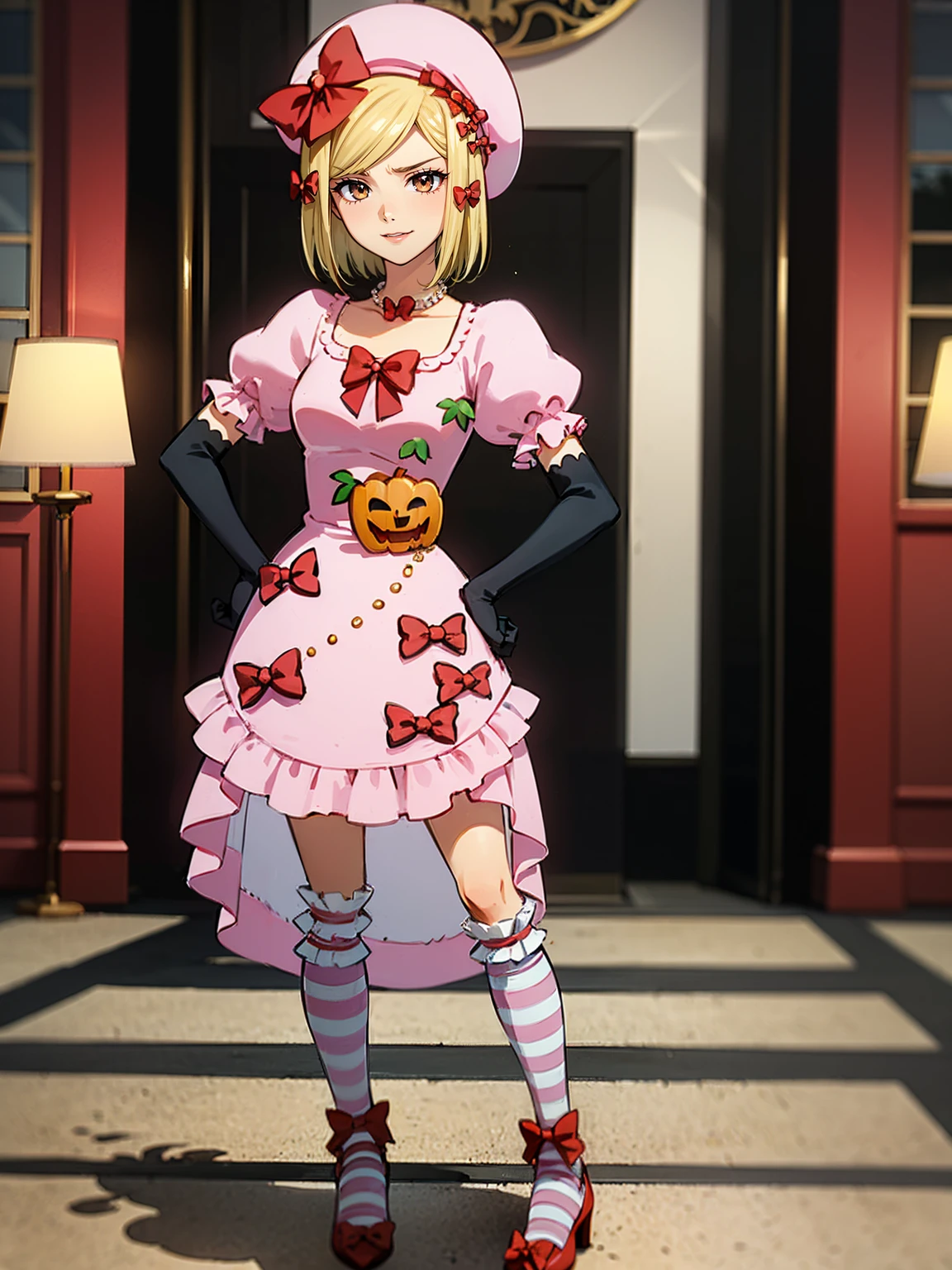 (1 lady), The beautiful, (Best quality at best:1.4), (ultra - detailed), (extremely detailed CG unified 16k), gold blonde hair, very detailed, High-definition RAW color photo, professional photoshooting, amazing face and eyes, cosmetics, (amazingly beautiful girl), ((lambdadelta)), ((dress, shoes bow, red shoes, striped stockings, red bow, pink hat, necklace, gloves, pearl, pumpkin brooch, pink dress)), standing, sexyposture,(Dark and stylish bar, drinks, lamp lights, lamp lights:1.3), (look from down), realistic cinematic face, head to feet long wide zoomed out view, full body long view, photorealistic, ((realistic natural blonde hair style, honey eyes)), gorgeous, extremely beautiful face, perfect model beauty, pout mouth, flirting smile, cleavages, city girl, western, shopping in the city, (masterpiece), best quality, high resolution, extremely detailed, blurred background, depth of field, cinematic lighting, amazing legs, high heels, clear and well-cared skin
