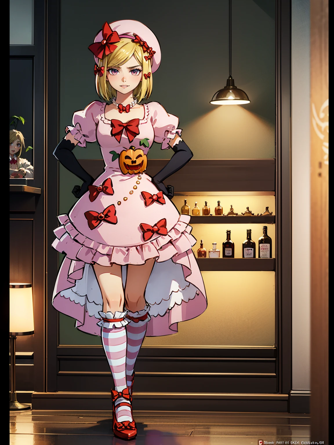 (1 lady), The beautiful, (Best quality at best:1.4), (ultra - detailed), (extremely detailed CG unified 16k), gold blonde hair, very detailed, High-definition RAW color photo, professional photoshooting, amazing face and eyes, cosmetics, (amazingly beautiful girl), ((lambdadelta)), ((dress, shoes bow, red shoes, striped stockings, red bow, pink hat, necklace, gloves, pearl, pumpkin brooch, pink dress)), standing, sexyposture,(Dark and stylish bar, drinks, lamp lights, lamp lights:1.3), (look from down), realistic cinematic face, head to feet long wide zoomed out view, full body long view, photorealistic, ((realistic natural blonde hair style, honey eyes)), gorgeous, extremely beautiful face, perfect model beauty, pout mouth, flirting smile, cleavages, city girl, western, shopping in the city, (masterpiece), best quality, high resolution, extremely detailed, blurred background, depth of field, cinematic lighting, amazing legs, high heels, clear and well-cared skin