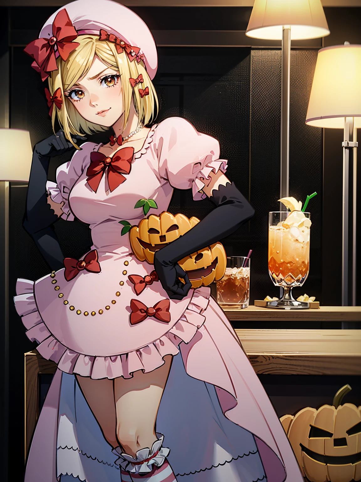 (1 lady), The beautiful, (Best quality at best:1.4), (ultra - detailed), (extremely detailed CG unified 16k), gold blonde hair, very detailed, High-definition RAW color photo, professional photoshooting, amazing face and eyes, cosmetics, (amazingly beautiful girl), ((lambdadelta)), ((dress, shoes bow, red shoes, striped stockings, red bow, pink hat, necklace, gloves, pearl, pumpkin brooch, pink dress)), standing, sexyposture,(Dark and stylish bar, drinks, lamp lights, lamp lights:1.3), (look from down), realistic cinematic face, head to feet long wide zoomed out view, full body long view, photorealistic, ((realistic natural blonde hair style, honey eyes)), gorgeous, extremely beautiful face, perfect model beauty, pout mouth, flirting smile, cleavages, city girl, western, shopping in the city, (masterpiece), best quality, high resolution, extremely detailed, blurred background, depth of field, cinematic lighting, amazing legs, high heels, clear and well-cared skin