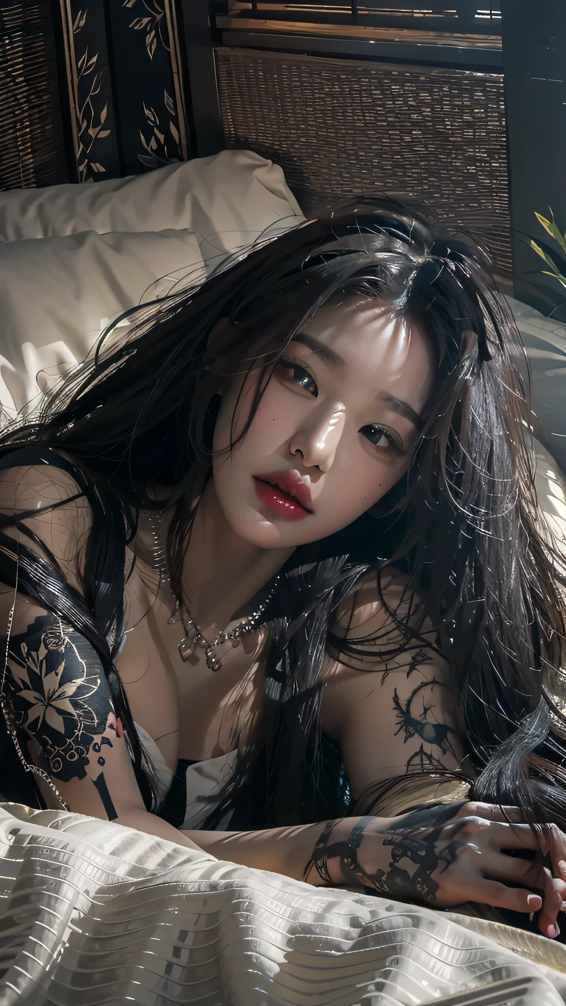 photorealistic, high resolution, soft light,1women, solo, hips up, shinning skin, (detailed face), jewelry, tattoo, super long hair,), black hair, long hair, mafia, cool, handsome woman, seductive, small breast, sexy, at the bed, viewers wife, our wife, gangsta wife, mafia wife, morning wife