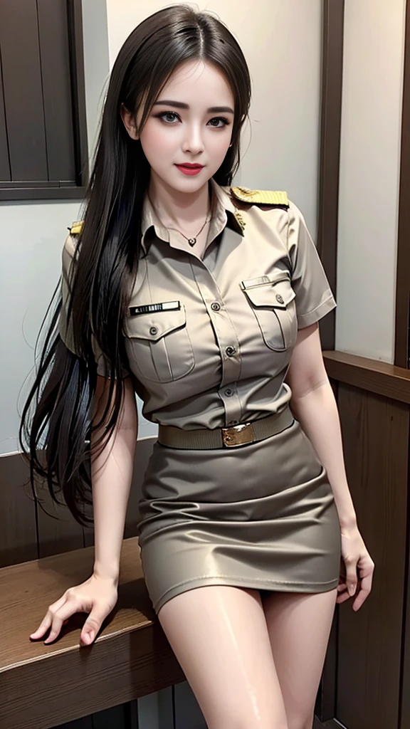 Khaki suit, khaki civil servant, Thai teacher uniform:1.3, beautiful girl, Two meter long hair, extra long hair, Long hair that catches the eye, long black hair, Her hair is very long., Long, shiny hair, Long, thick, soft hair, Extra long hair, Dynamic posts, like full body, Short sleeve shirtสีกากี, short pencil skirtสีกากี, side cut, Decorated with military insignia., black high heels, The sexiest, small waist, hips raised, small thighs, Long legs, big breastsโต, big breasts:1.5, big breast, Very big breasts, Eye-catching breasts, Large breasts pierce the shirt, Not completely covered, big breast, Huge breast, Big tits D, สาวTwo meter long hair, Beautiful face, red lips, Very shiny, แต่งBeautiful face, Military rank insignia, short pencil skirt, tight, Short sleeve shirt, tight fitting, (ultra short skirt, sexy short skirt, Focus on short skirts, standing mannequin, walk, straight face, pull up skirt, beautiful thighs, short skirt, very mini skirt, very short skirt), meeting area, open dome,