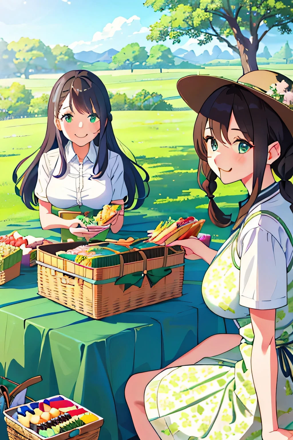 (highest quality:1.4)、High resolution、detailed background)、(detailed beautiful face:1.4)、detailed facial expressions、Anatomically correct、beautiful and smooth skin、Beautiful woman in her 30s、three beautiful girls、(huge breasts:1.3)、cute hair color、brown hair、braided bob、braided ponytail、realistic、perfect body line、cute、under the blue sky、Picnic on a green meadow、cowboy shot、
(Three women chatting and eating while sitting on a colorful picnic blanket:1.5)、
Floral sundresses and flared skirts、Looking at me with a happy expression、A big smile、
Bringing a handmade lunch box or fruit will make it even cuter.、cute
