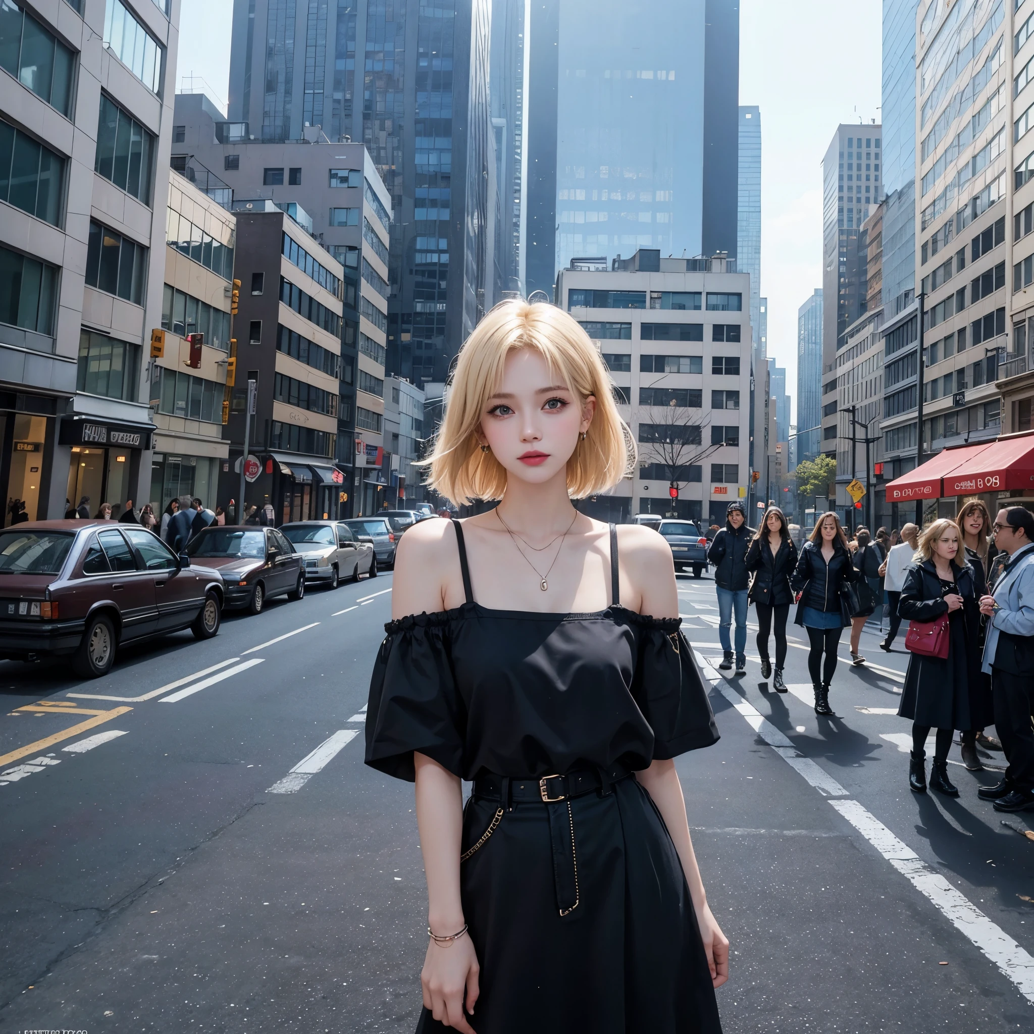 Street style photo of a grunge style woman in the streets of 1990 Manhattan standing in front of a sliver high rise building, blonde, 90s bob, Carly Norris, Sliver movie, natural lighting, shot on Agfa Vista 200,(happy:1.4),
