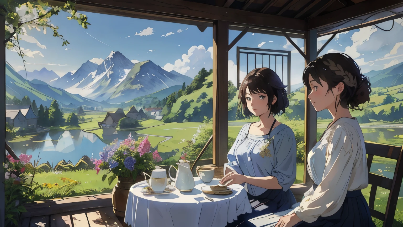 (highest quality、masterpiece、High resolution)、(Sargent style watercolor)、(anime art)、soft light、Views of the Cotswolds、old farmhouse、flowers bloom、((two women、One is sitting、Partner is standing))、medium short hair、dark brown hair、braided hair、White blouse and long skirt、picnic、table、Tea set、drink tea、cinematic light、soft sunlight、blur the background、 lake、Beautiful mountain range in the background、