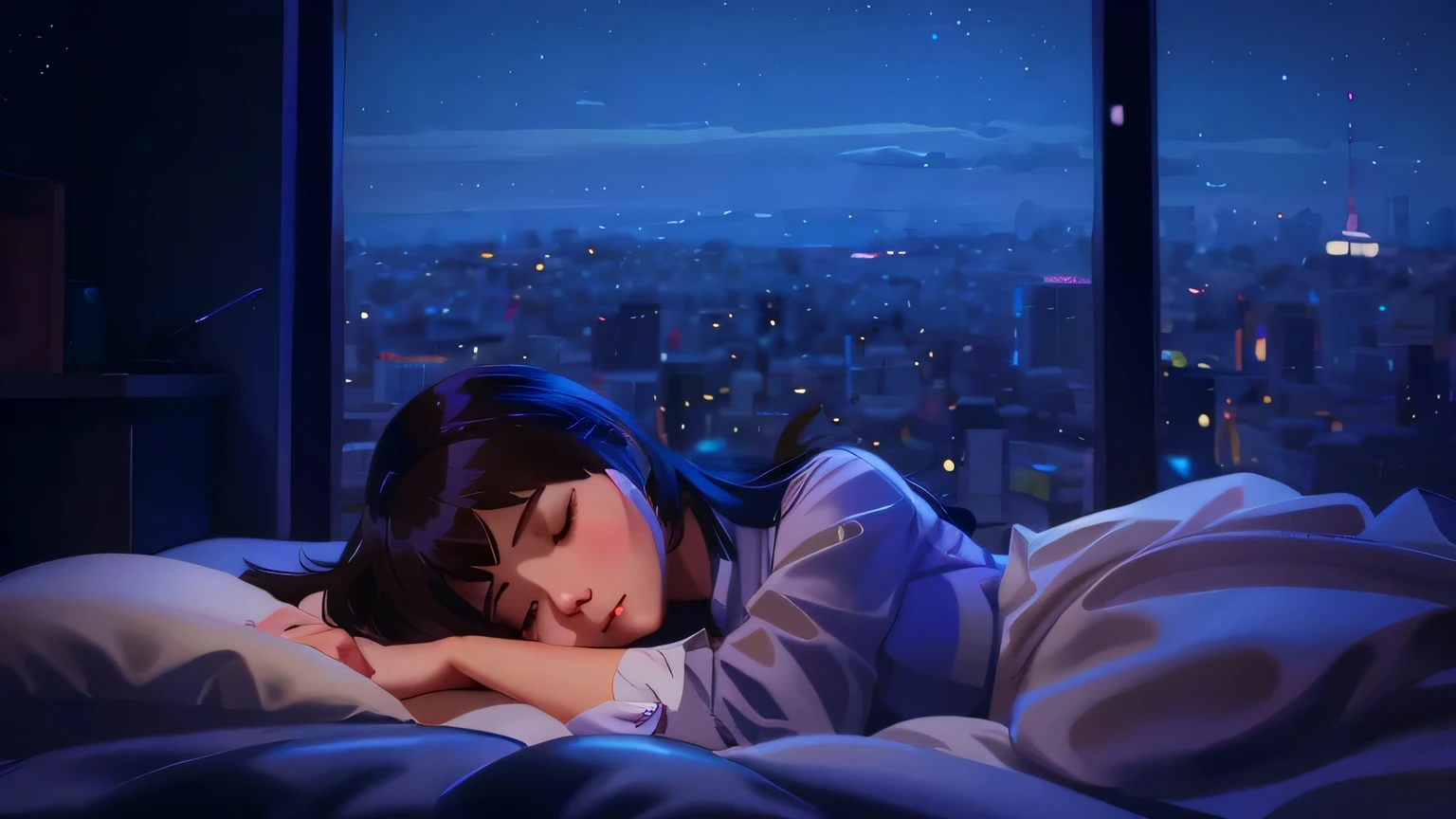 A lady is sleeping on the bed，City view, digital art Ilya Kuvshinov, Smooth anime CG art, calm night. digital illustration, Ilya Kuvshinov. 4k, anime art wallpaper 8k, Ilya Kuvshinov landscape, blurry and fantasy illustration, Anime Art Wallpaper 4k, Anime Art Wallpaper 4k, dream night, fantasy illustration