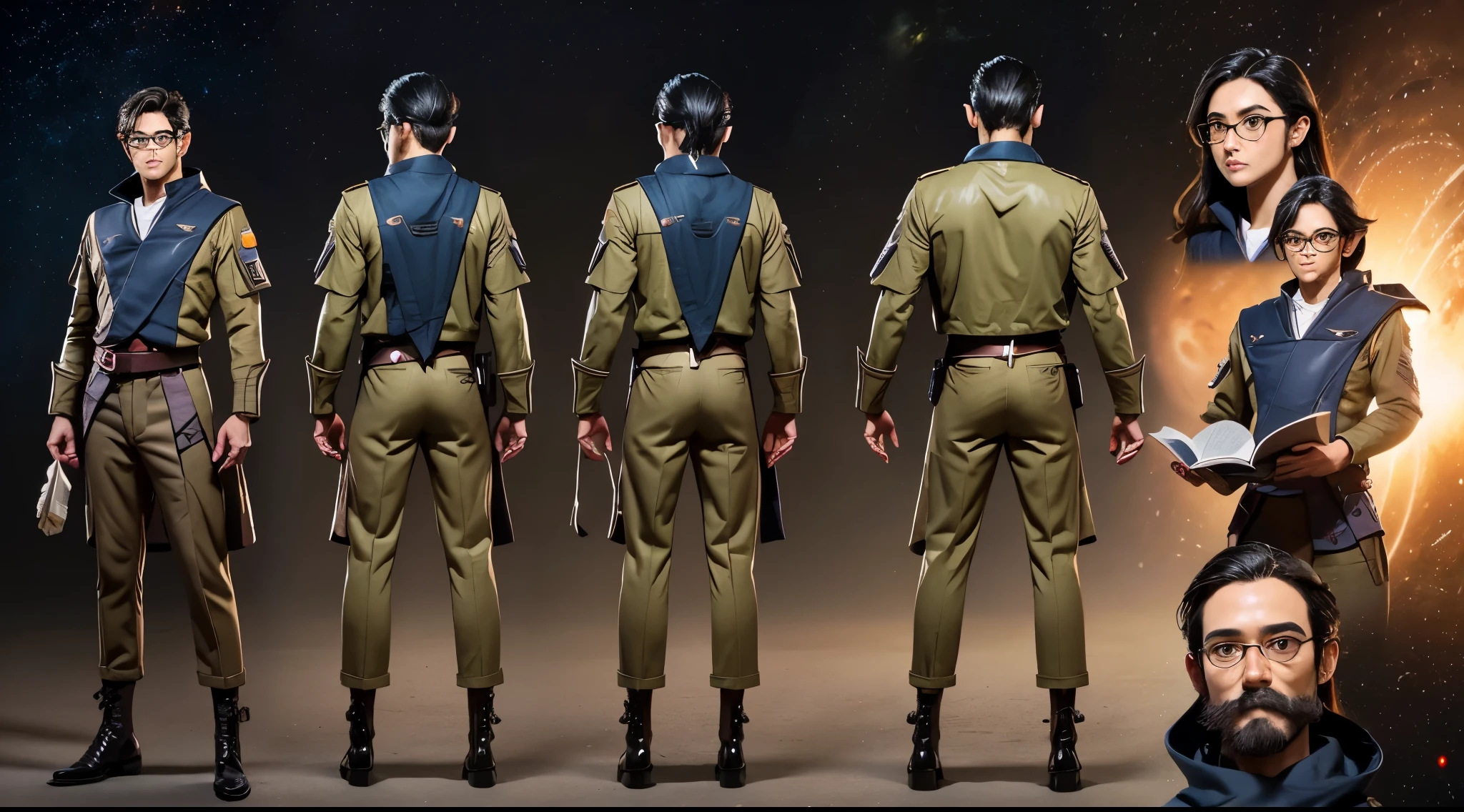 (Masterpiece, best quality), detailed, (1man), ((character concept art)), ((character design sheet, same character, front, side, back)), many items, (sci-fi spaceship captain uniform, space traveler, military cloth, many parts), (detailed red eyes, (reading glasses)), detailed face, mustache, different expressions, (athletic:1.3), green hair, (dark tanned skin tone:1.5), detailed long hair, formal style haircut, full of details.