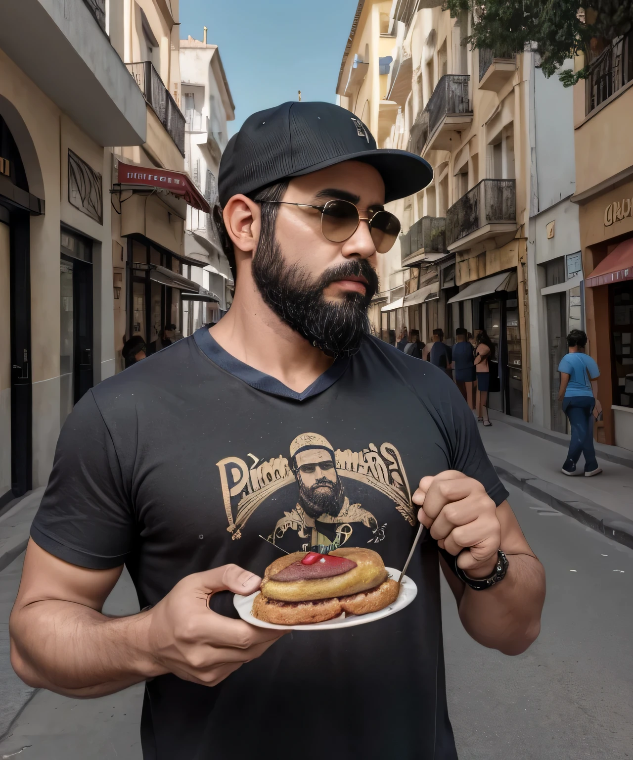 Masterpiece, Parte superior del cuerpo, 38 year old man with beard and sunglasses. Hombre vistiendo playera negra y gorra, Comiendo una torta en la calle , muy hermoso. Super polished and cool, plano medio de un guapo.