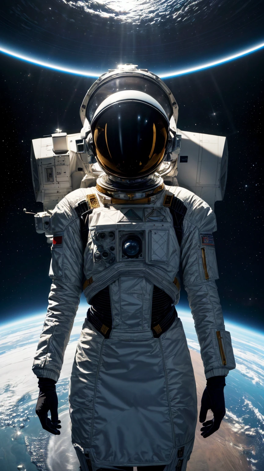 ((masterpiece, highest quality, highest image quality, high resolution, photorealistic, raw photo, 16K)), in center of picture, a spacecraft navigating interstellar space is similar geometric of cylinder shape , sophisticated design ,vertically highshapes,in space,astronaut suit
