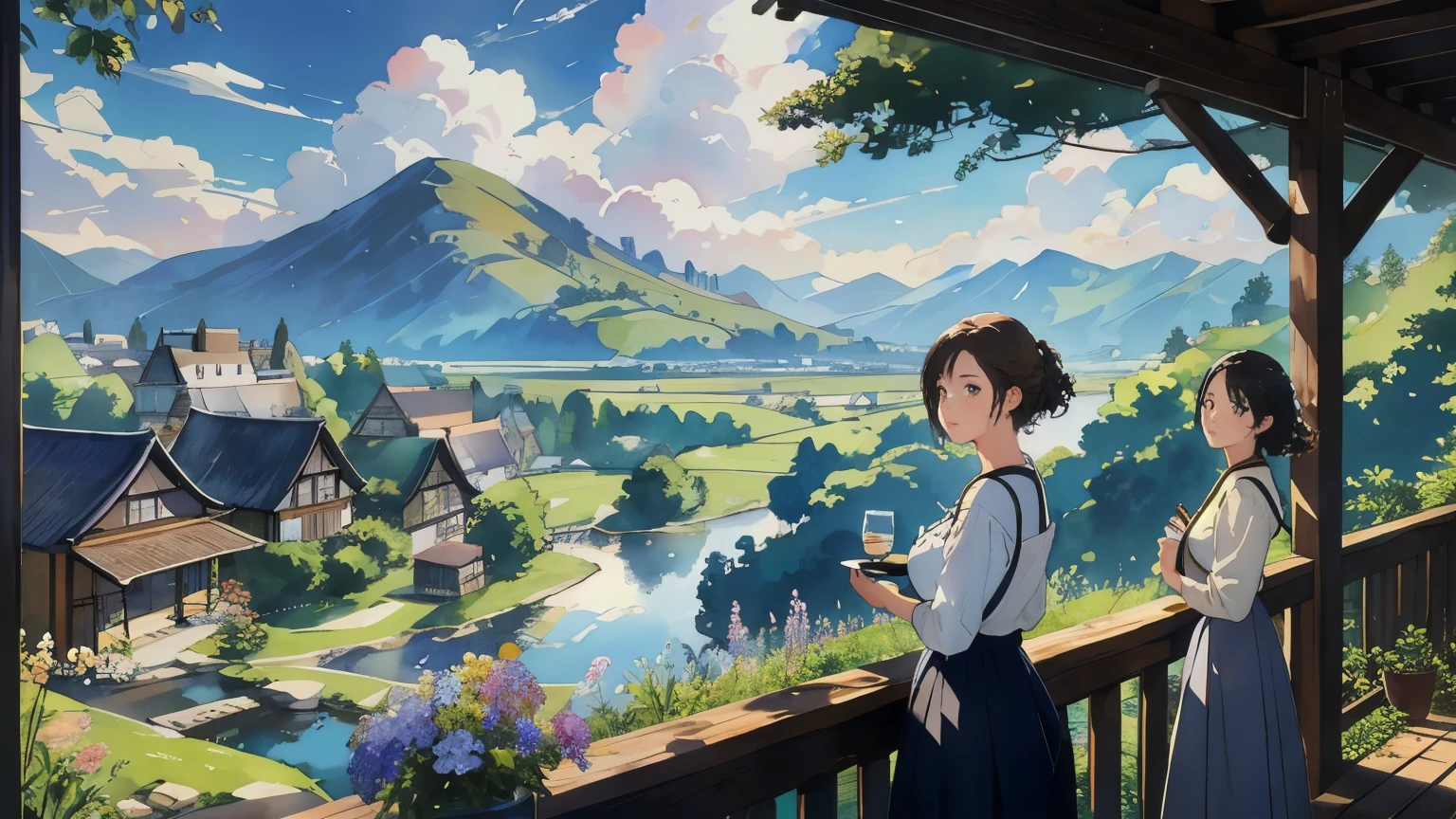 (highest quality、masterpiece、High resolution)、(Sargent style watercolor)、(anime art)、soft light、Views of the Cotswolds、old farmhouse、flowers bloom、((three women、multiple women、One person is standing))、medium short hair、dark brown hair、braided hair、White blouse and long skirt、picnic、table、Tea set、drink tea、cinematic light、soft sunlight、blur the background、 lake、Beautiful mountain range in the background、
