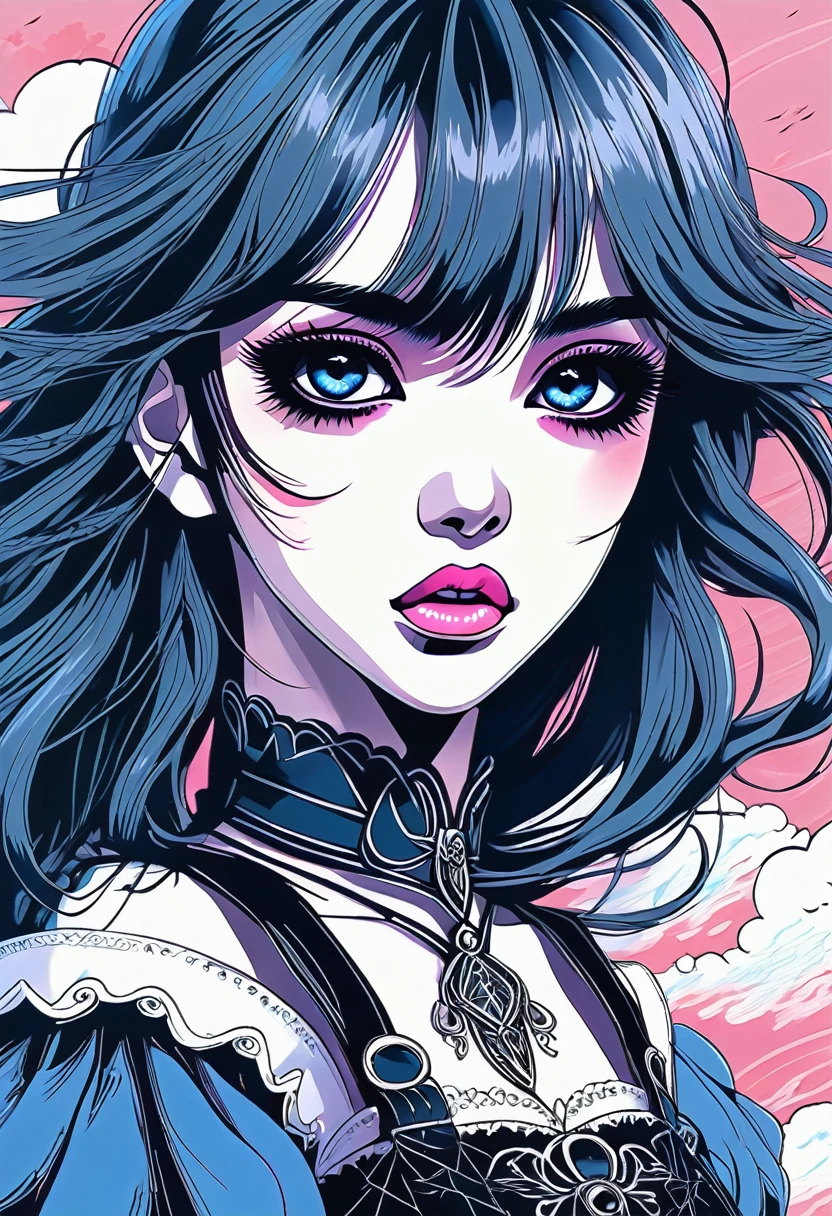 [((Anime line drawing on a notebook sheet))]:a young attractive Gothic anime girl, strong Gothic makeup, expressive big eyes, mascara running down her face, defiant manicure, oblique bangs, dark clouds, ((Anime Line Drawing)), line art,  [pencil-drawing: pink+blue], ((Guwayz style)) intricate, unusual detailing, ((best quality)), ((masterpiece)) , ((realistic)), 8K, expressionism:1.2