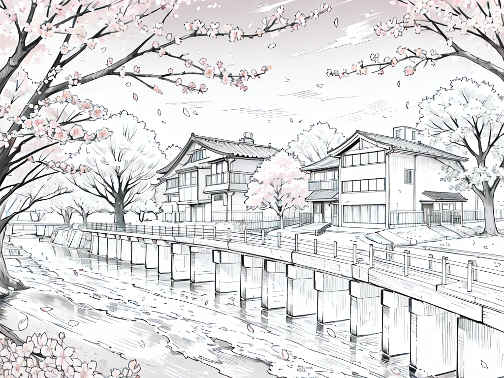 Anime Line Art、cherry blossoms fall、River side、Under the cherry blossom trees、A new first grader carrying a school bag