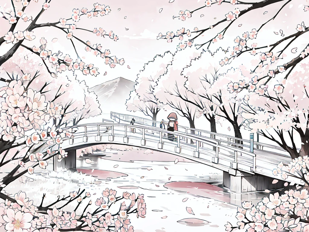 Anime Line Art、cherry blossoms fall、River side、Under the cherry blossom trees、A new r carrying a school bag