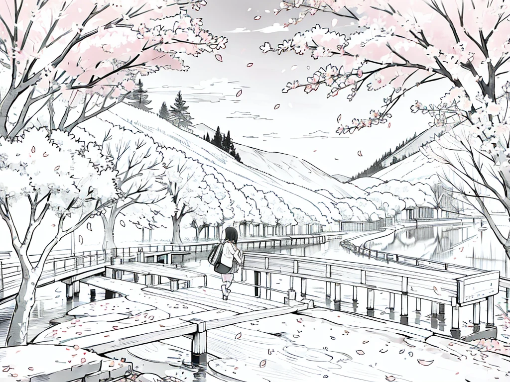 Anime Line Art、cherry blossoms fall、River side、Under the cherry blossom trees、A new first grader carrying a school bag