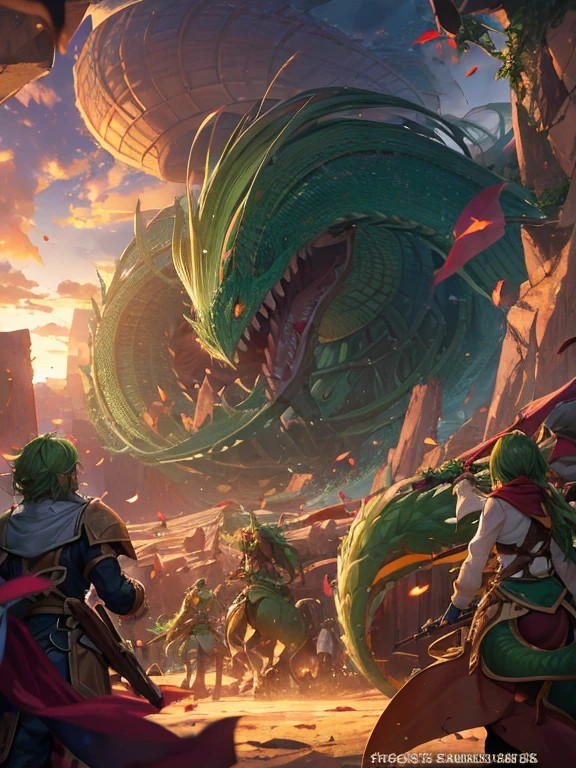 Epic battle, bataille magie, a human fights against a giant worm, a wurmcoil engine artifact, creature, mouth of the beast in round shape, pleine de dents, forest, valley, flash, foudre, tempête de vent, combat, clair, vivant, arbres, creature au milieu, vie, lien de vie, amour, plante, vert, fleur, nature, herbe, arbre, arbres