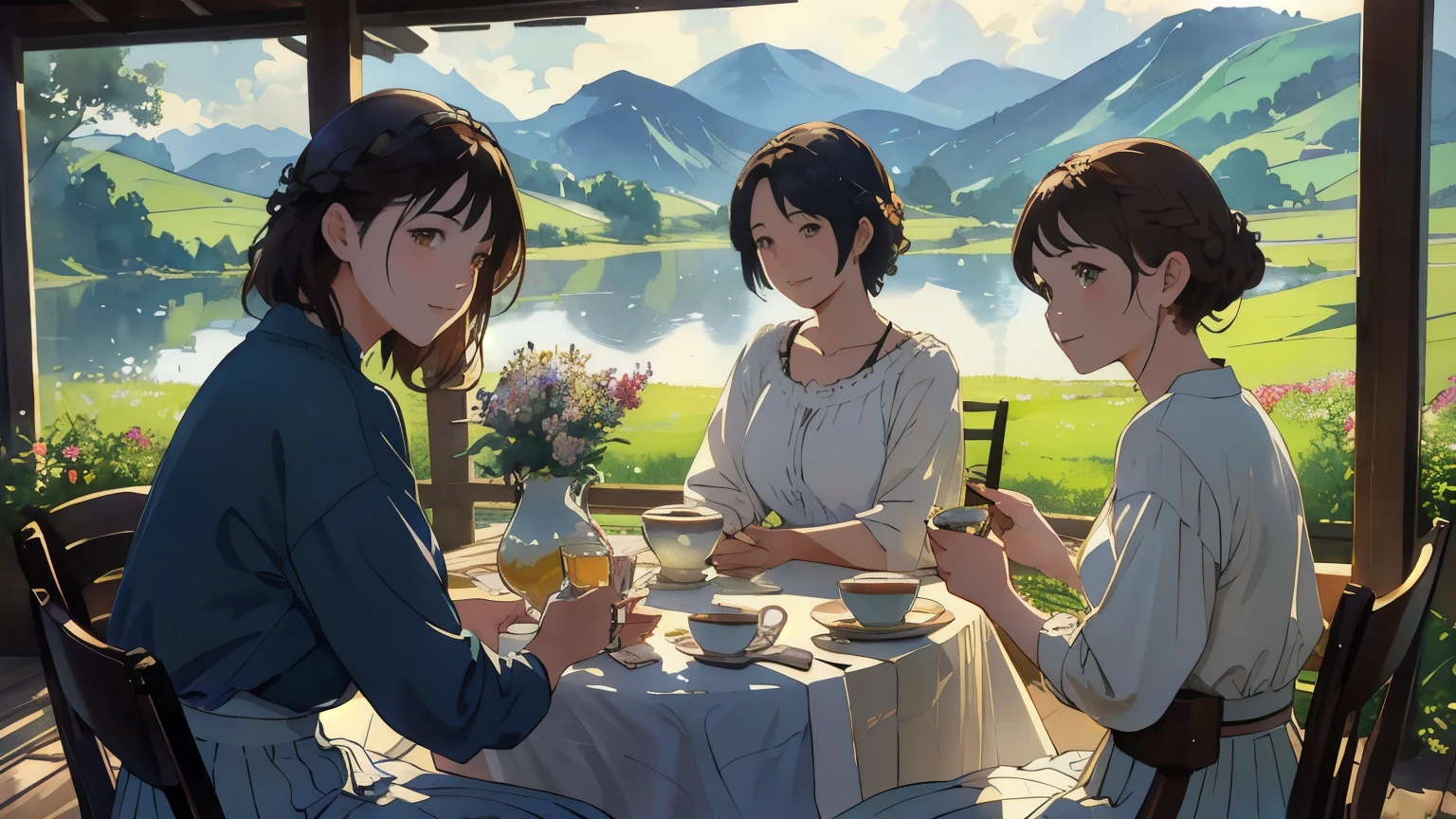 (highest quality、masterpiece、High resolution)、(Sargent style watercolor)、(anime art)、soft light、Views of the Cotswolds、old farmhouse、flowers bloom、((three women、multiple women、One person is standing))、(Detailed depiction of a beautiful face)、smile gently、medium short hair、dark brown hair、braided hair、White blouse and long skirt、picnic、table、Tea set、drink tea、cinematic light、soft sunlight、blur the background、 lake、Beautiful mountain range in the background、