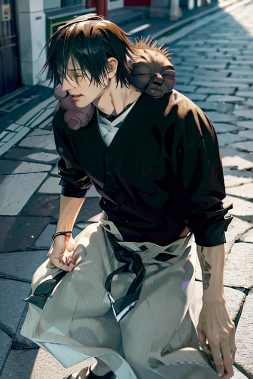 Toji Fushiguro de Jujutsu Kaisen pidiendo dinero en la calle