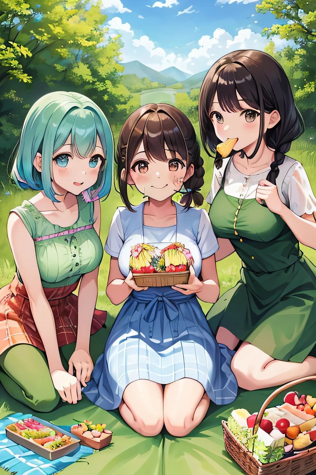 masterpiece,Japanese,whole body,Two Girls,One of them has short hair with a light brown and yellow-green color and is wearing green clothes.,The other has short, dark brown and pink hair and is wearing pink clothing.,Red apples and green apples,View your viewers,Playing a game,Holding the controller,Girl's Room,smile,looks fun,Daytime,Outside the window it's sunny
