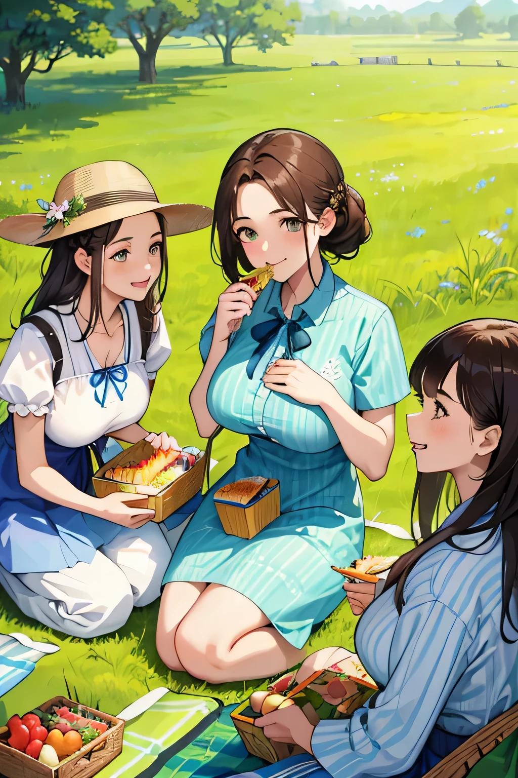 (highest quality:1.4)、High resolution、detailed background)、(detailed beautiful face:1.4)、detailed facial expressions、Anatomically correct、beautiful and smooth skin、Beautiful woman in her 30s、three beautiful girls、(huge breasts:1.3)、cute hair color、brown hair、braided bob、braided ponytail、realistic、perfect body line、cute、under the blue sky、Picnic on a green meadow、cowboy shot、
(Three women chatting and eating while sitting on a colorful picnic blanket:1.5)、
Floral sundresses and flared skirts、Looking at me with a happy expression、A big smile、
Bringing a handmade lunch box or fruit will make it even cuter.、cute