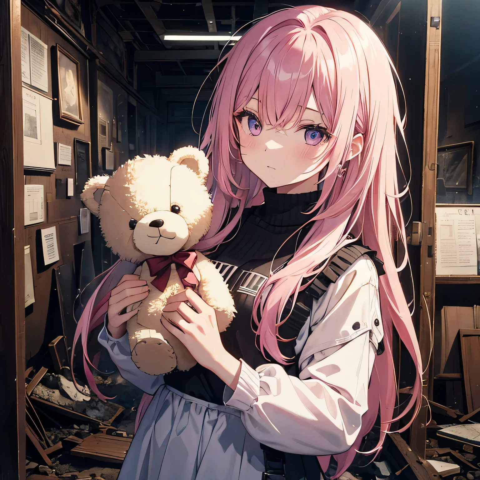 (high quality) (4k) (better quality) 1 girl, pink hair , face focus, long hair, Fringe Sidelock, I was scared,(scared:1.1) Performance, holding a teddy bear, atmosphere lighting, Moody, darkness, In an old museum in ruins, The clear glass showcase is filled with interesting objects, dusty, after the apocalypse,, That's excellent, beautiful 8k wallpaper, very detailed, Complex