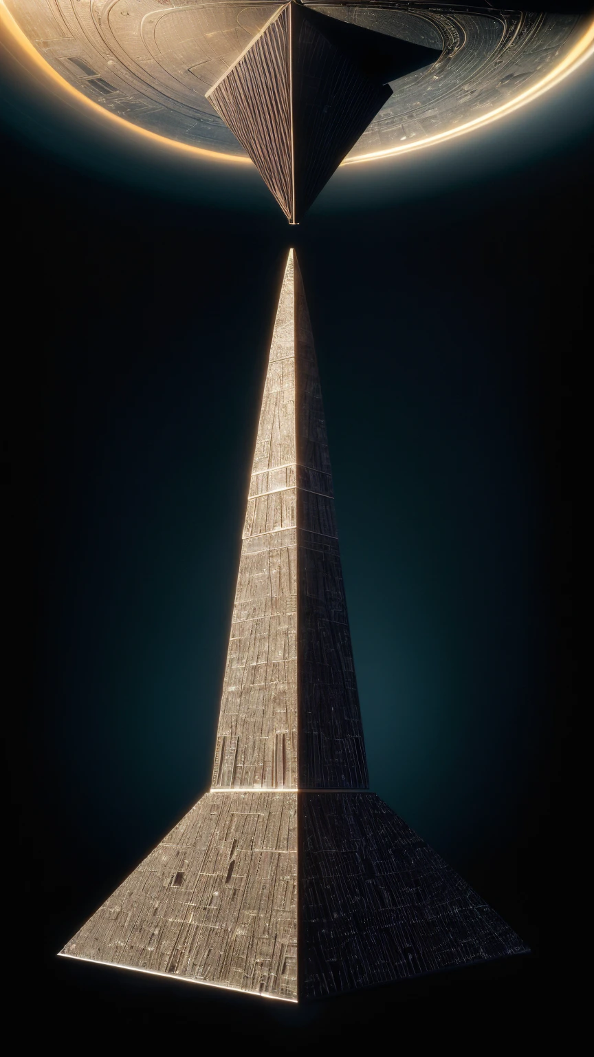 ((masterpiece, highest quality, highest image quality, high resolution, photorealistic, raw photo, 16K)), in center of picture a spacecraft interstellar space, sophisticated design, vertically highshapes geometric of pyramid