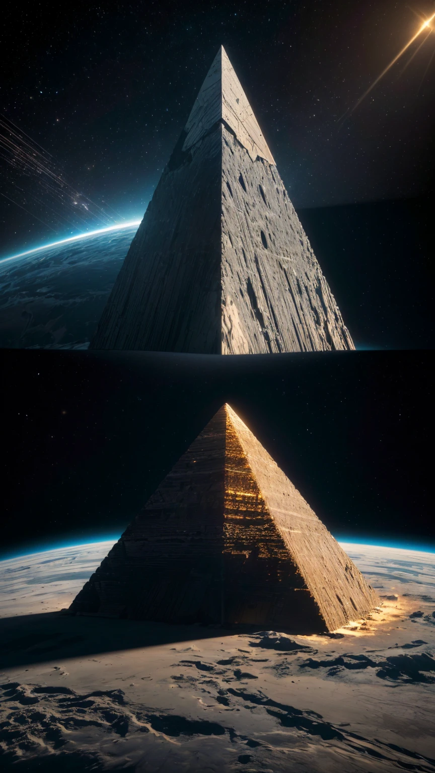 ((masterpiece, highest quality, highest image quality, high resolution, photorealistic, raw photo, 16K)), in center  of picture  a  spacecraft  interstellar space, sophisticated design, vertically  highshapes geometric of pyramid 