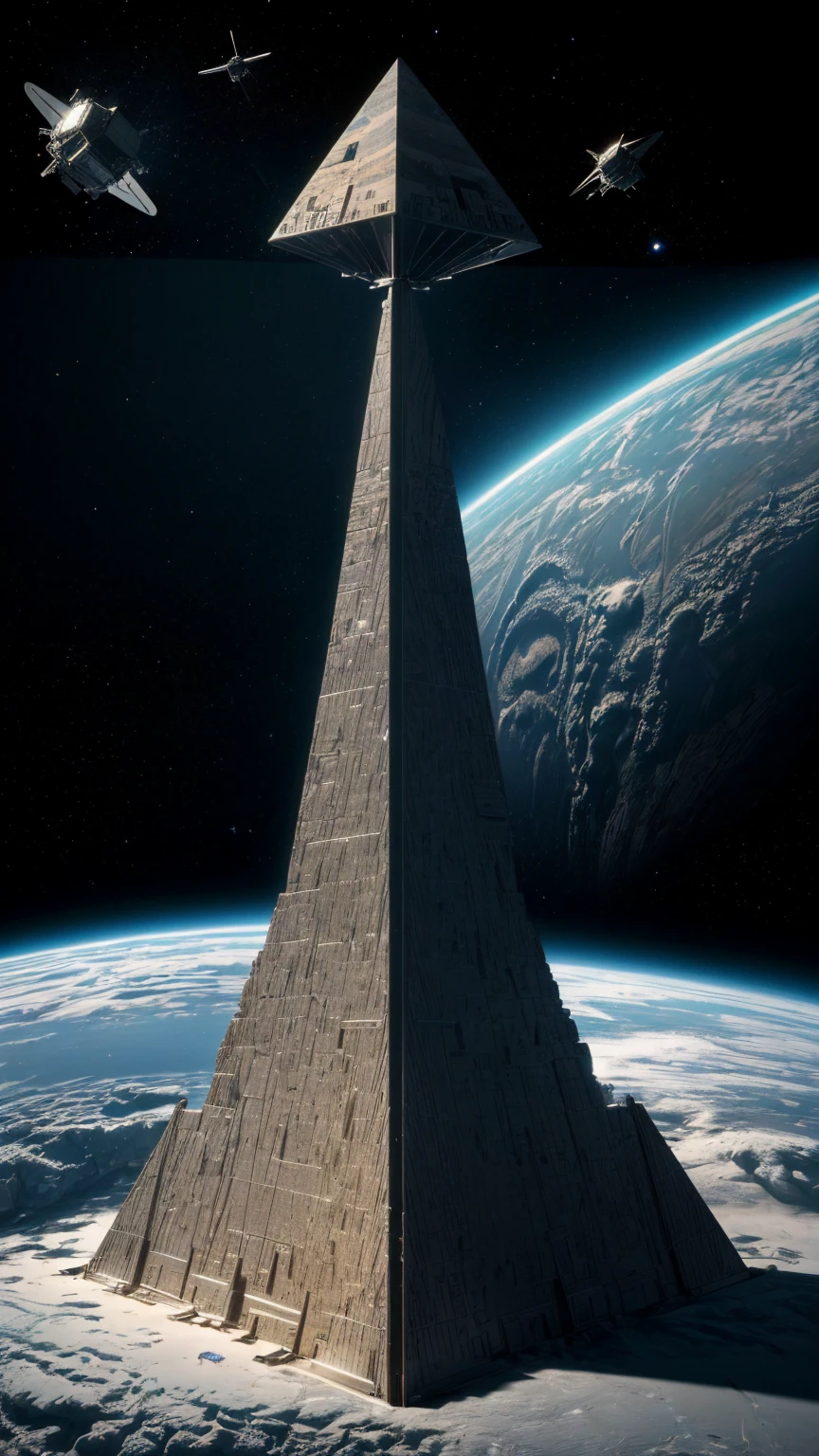 ((masterpiece, highest quality, highest image quality, high resolution, photorealistic, raw photo, 16K)), in center  of picture  a  spacecraft  interstellar space, sophisticated design, vertically  highshapes geometric of pyramid 