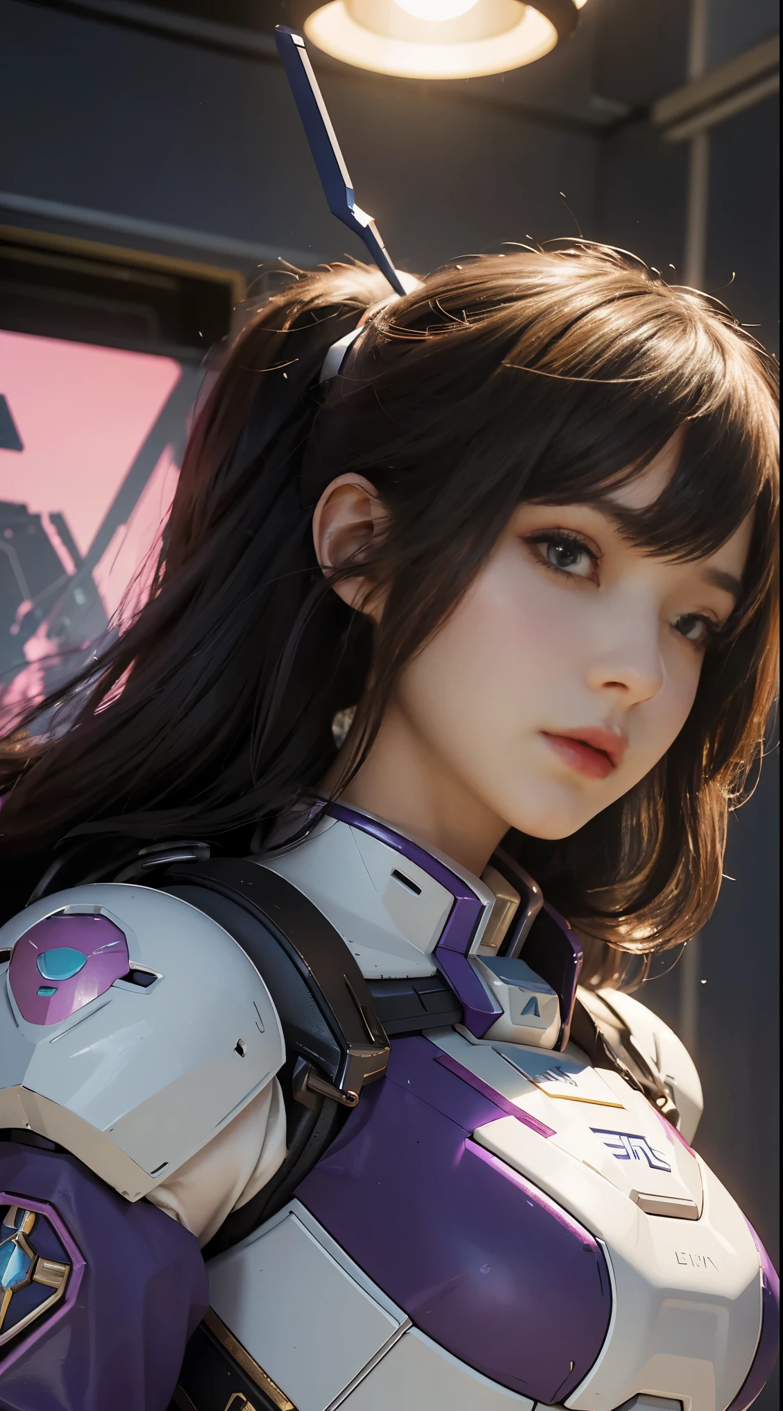 RAW, Masterpiece, Ultra Fine Photo,, Best Quality, Ultra High Resolution, Photorealistic, Sunlight, Full Body Portrait, Stunningly Beautiful,, Dynamic Poses, Delicate Face, Vibrant Eyes, (Side View) a close up of a woman in a pink and white gundam custume, dybamic pose, long brown very very long hair rapunzel, girl in mecha cyber armor, portrait armored astronaut girl, d. va from overwatch, female mecha, on a gundam, gundam head, chiho aoshima color scheme, mobile suit, streamlined purple armor, fully robotic!! girl, realistic cosplay, gundam armor (dynamic pose) (best cameraview), full body