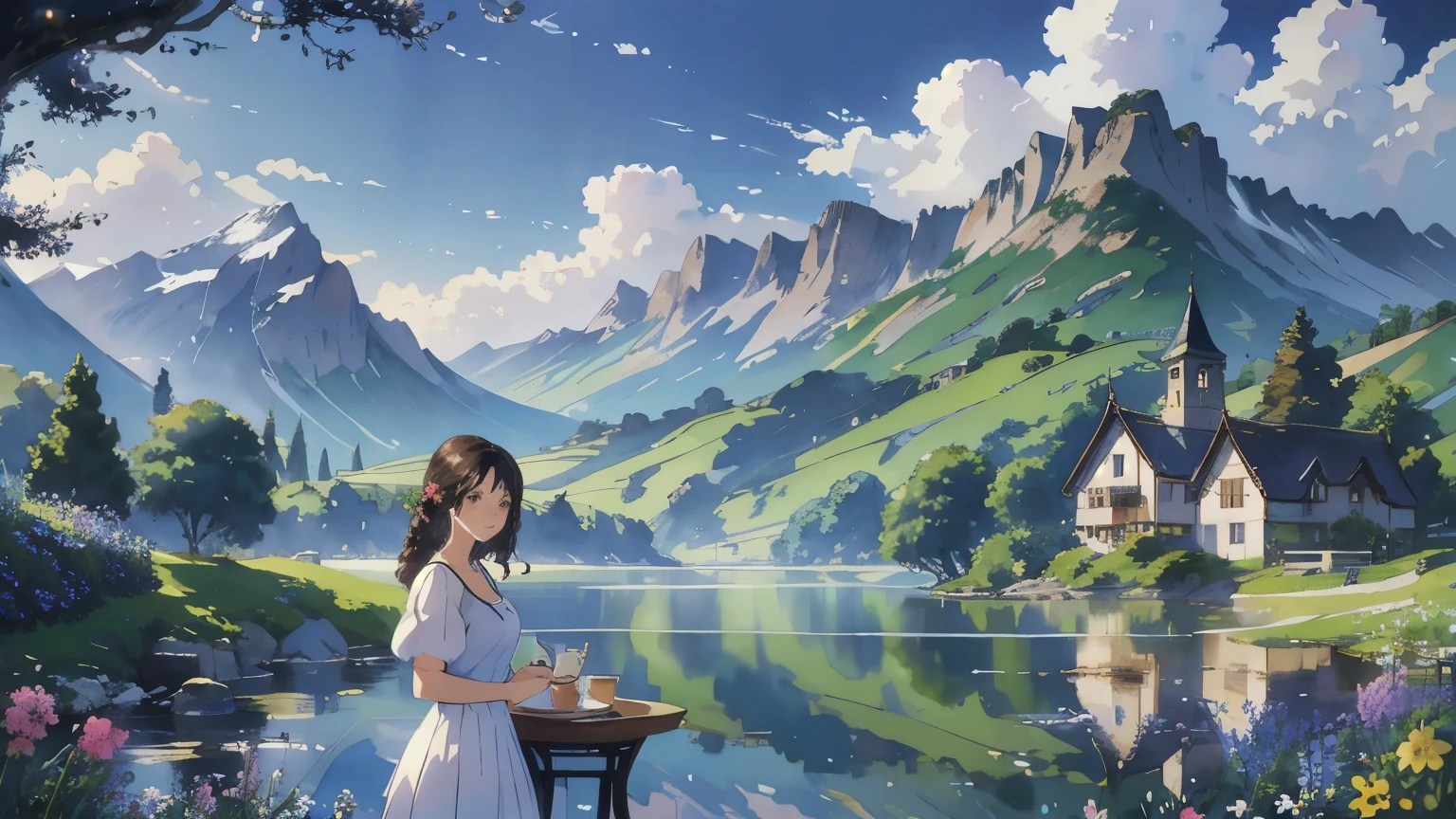 (highest quality、masterpiece、High resolution)、(Sargent style watercolor)、(anime art)、soft light、Views of the Cotswolds、old farmhouse、flowers bloom、((multiple women、everyone is standing))、(Detailed depiction of a beautiful face)、smile gently、medium short hair、dark brown hair、braided hair、White blouse and long skirt、picnic、table、Tea set、drink tea、cinematic light、soft sunlight、blur the background、 lake、Beautiful mountain range in the background、