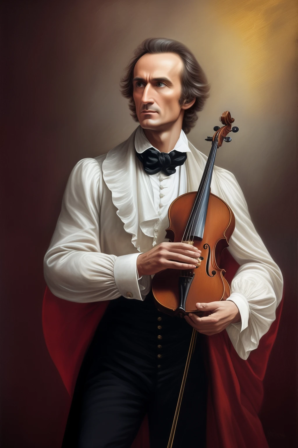 A mesmerizingly realistic portrayal of the legendary Devil's violinist, Nicolo Paganini, depicted in exquisite detail against a neutral backdrop. The image captures a moody atmosphere with fotorrealistic precision, showcasing Paganini in his ghostly toga. Every aspect of the picture is super detalhada, from the hauntingly vibrant lights that illuminate the scene to the impeccably rendered 8K resolution. The full-body portrayal exudes the power and intensity that made Paganini a virtuoso, with his thoughtful expression conveying the depths of his musical genius. It is a cinematic masterpiece, perfect for a movie dinner, transporting the viewer into the world of this iconic musician.