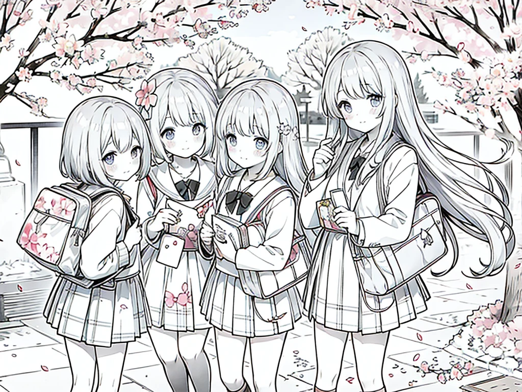 Anime Line Art、cherry blossoms fall、Under the cherry blossom trees、school bag、New first-year students