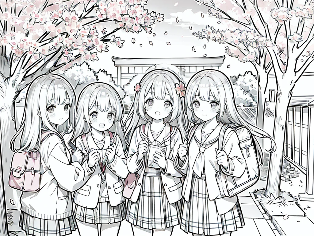 Anime Line Art、cherry blossoms fall、Under the cherry blossom trees、school bag、New first-year students