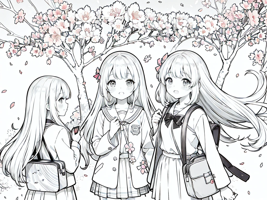 Anime Line Art、cherry blossoms fall、Under the cherry blossom trees、school bag、New first-year students