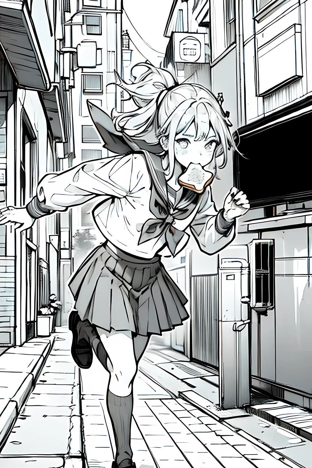 masterpiece, best quality, highres, detailed, a girl, serafuku, blue bow, pleated skirt, blue socks, loafers, city street, running, toast in mouth, anime lineart, 