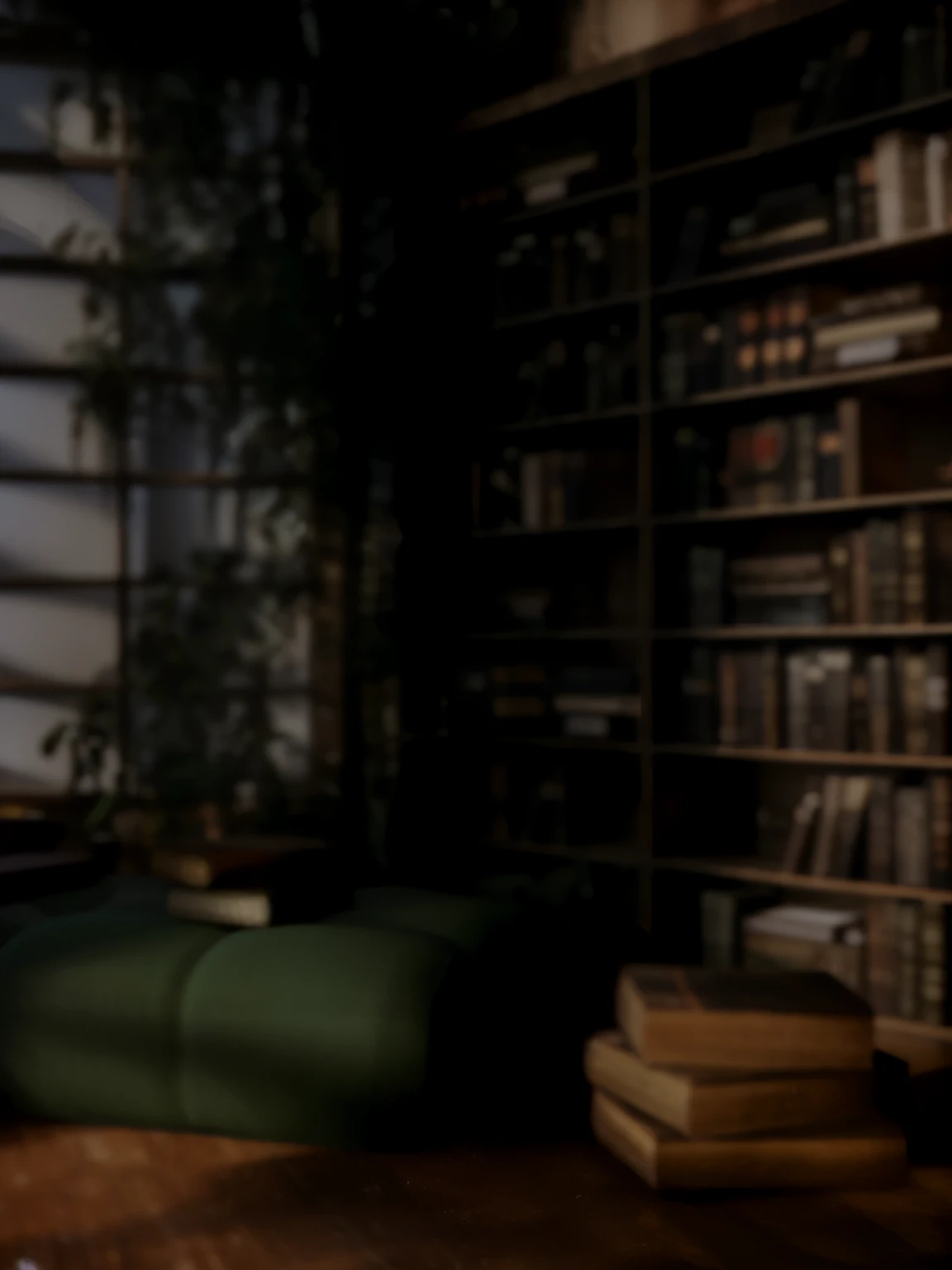 There is a cat sitting on a chair in the room, alchemist library background, library background, tilt shift library background, blurry background of the library, library interior background, gloomy library, dusty library, personal room background, magical library bokeh, in a gloomy library, some background blur, Realistic cinematic rendering, dark library, Detailed architectural visualization renderings, background = library